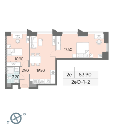 2 комн. квартира, 53.9 м², 2 этаж 