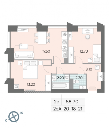 2 комн. квартира, 58.7 м², 18 этаж 