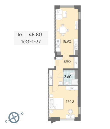 1 комн. квартира, 48.8 м², 37 этаж 