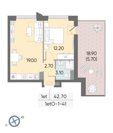1 комн. квартира, 42.7 м², 41 этаж 