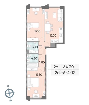 2 комн. квартира, 64.3 м², 5 этаж 