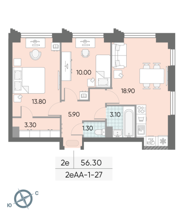 2 комн. квартира, 56.3 м², 27 этаж 
