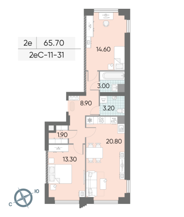 2 комн. квартира, 65.7 м², 31 этаж 