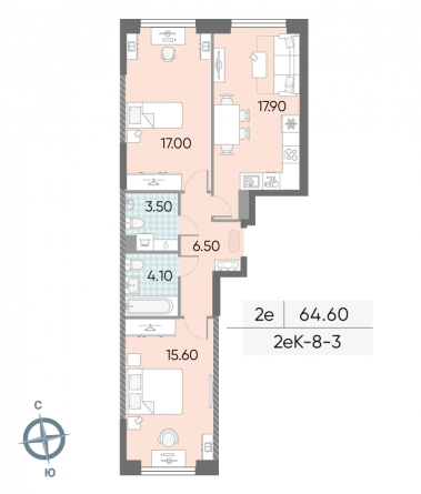 2 комн. квартира, 64.6 м², 3 этаж 