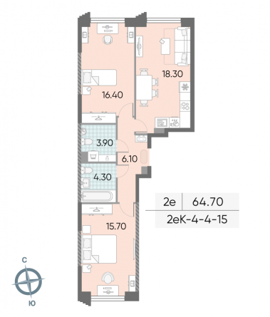 2 комн. квартира, 64.7 м², 4 этаж 