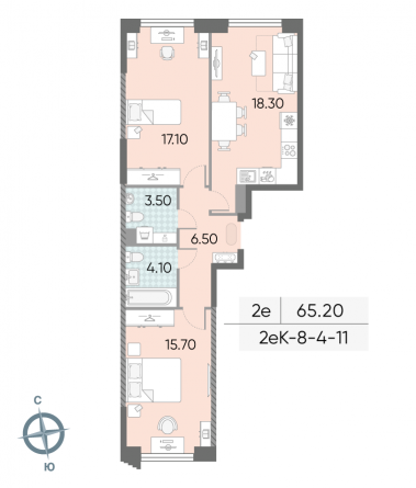 2 комн. квартира, 65.2 м², 4 этаж 