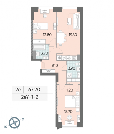 2 комн. квартира, 67.2 м², 2 этаж 
