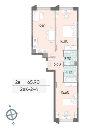 2 комн. квартира, 65.9 м², 4 этаж 