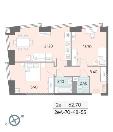 2 комн. квартира, 62.7 м², 48 этаж 