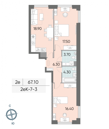 2 комн. квартира, 67.1 м², 3 этаж 