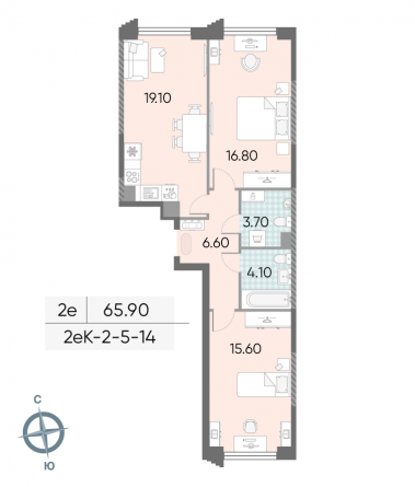 2 комн. квартира, 65.9 м², 5 этаж 