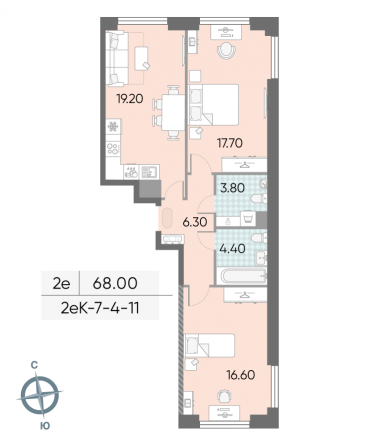 2 комн. квартира, 68 м², 4 этаж 
