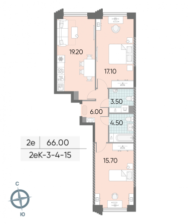 2 комн. квартира, 66 м², 13 этаж 