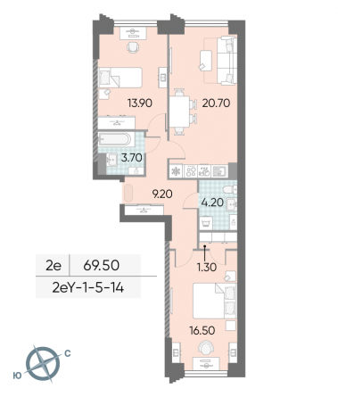 2 комн. квартира, 69.5 м², 6 этаж 