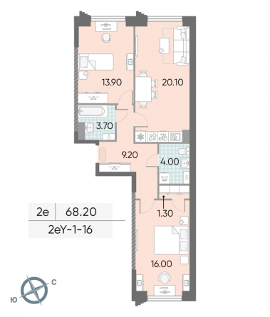 2 комн. квартира, 68.2 м², 16 этаж 