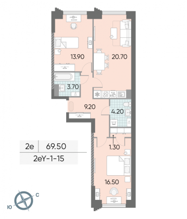 2 комн. квартира, 69.5 м², 15 этаж 