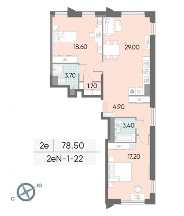 2 комн. квартира, 78.5 м², 22 этаж 