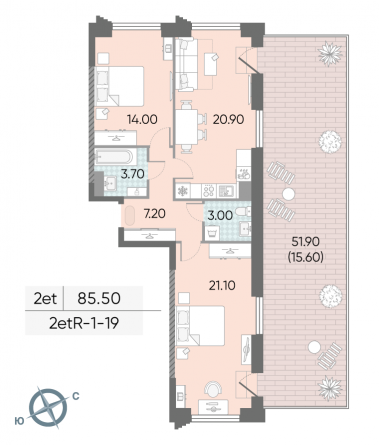 2 комн. квартира, 85.5 м², 19 этаж 