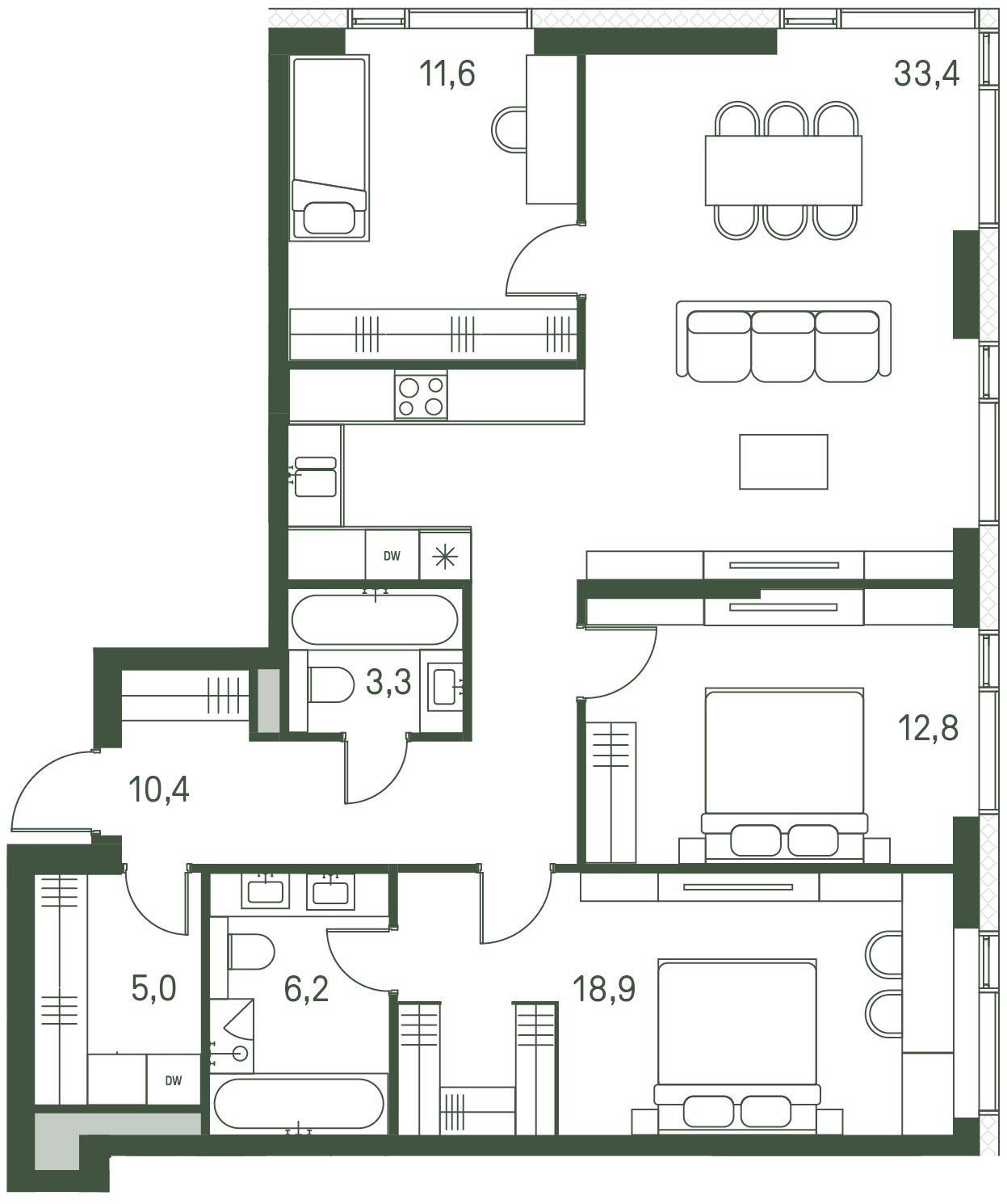 3 комн. квартира, 101.6 м², 2 этаж 