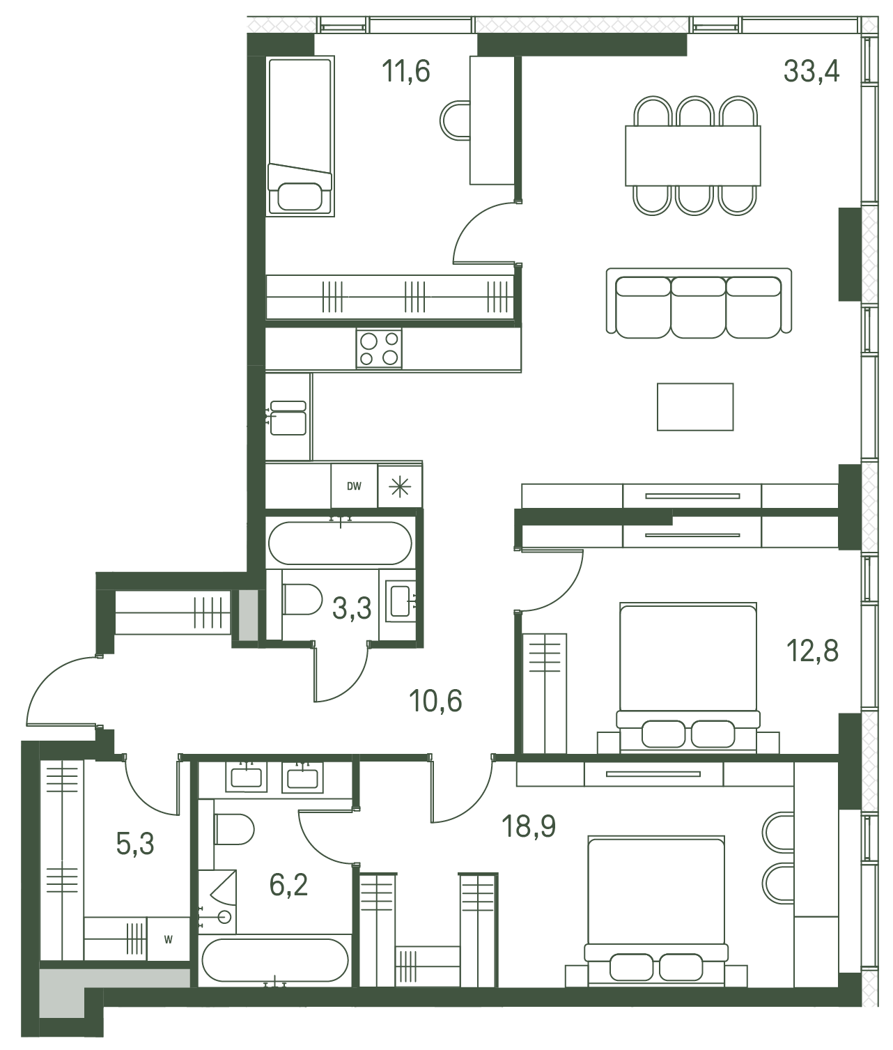 3 комн. квартира, 102.1 м², 23 этаж 