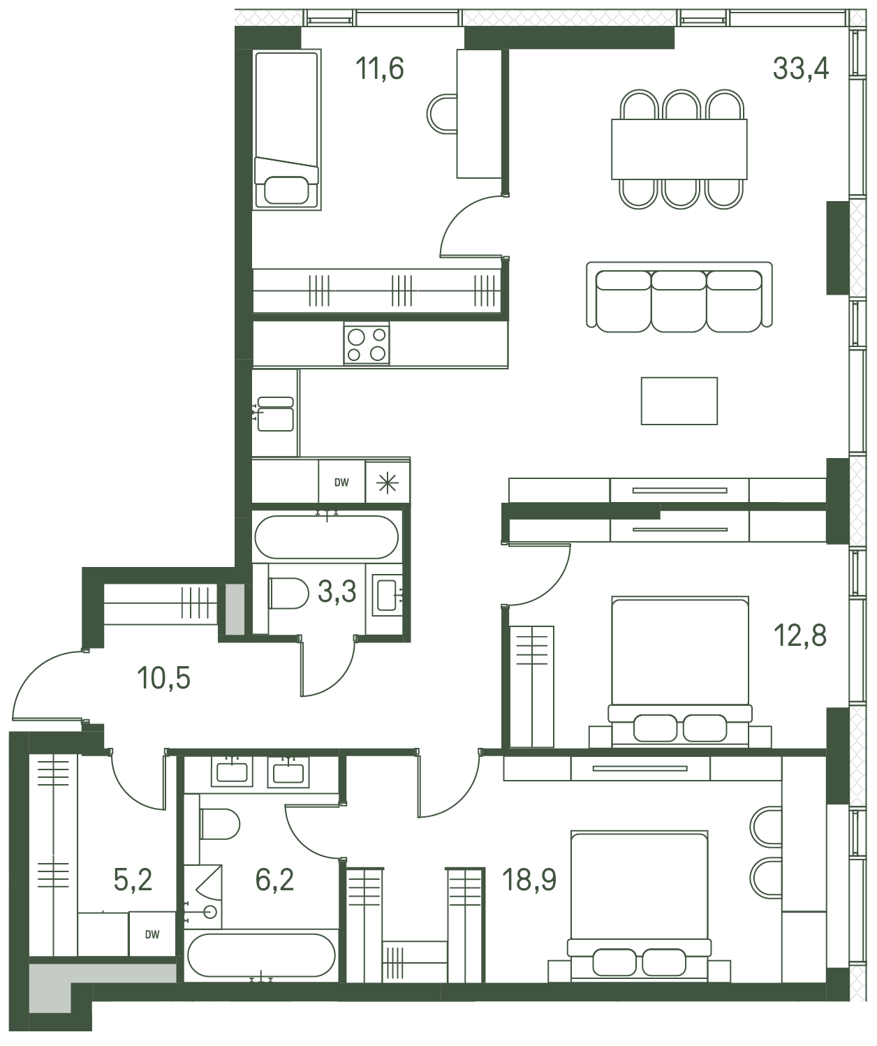 3 комн. квартира, 101.9 м², 6 этаж 