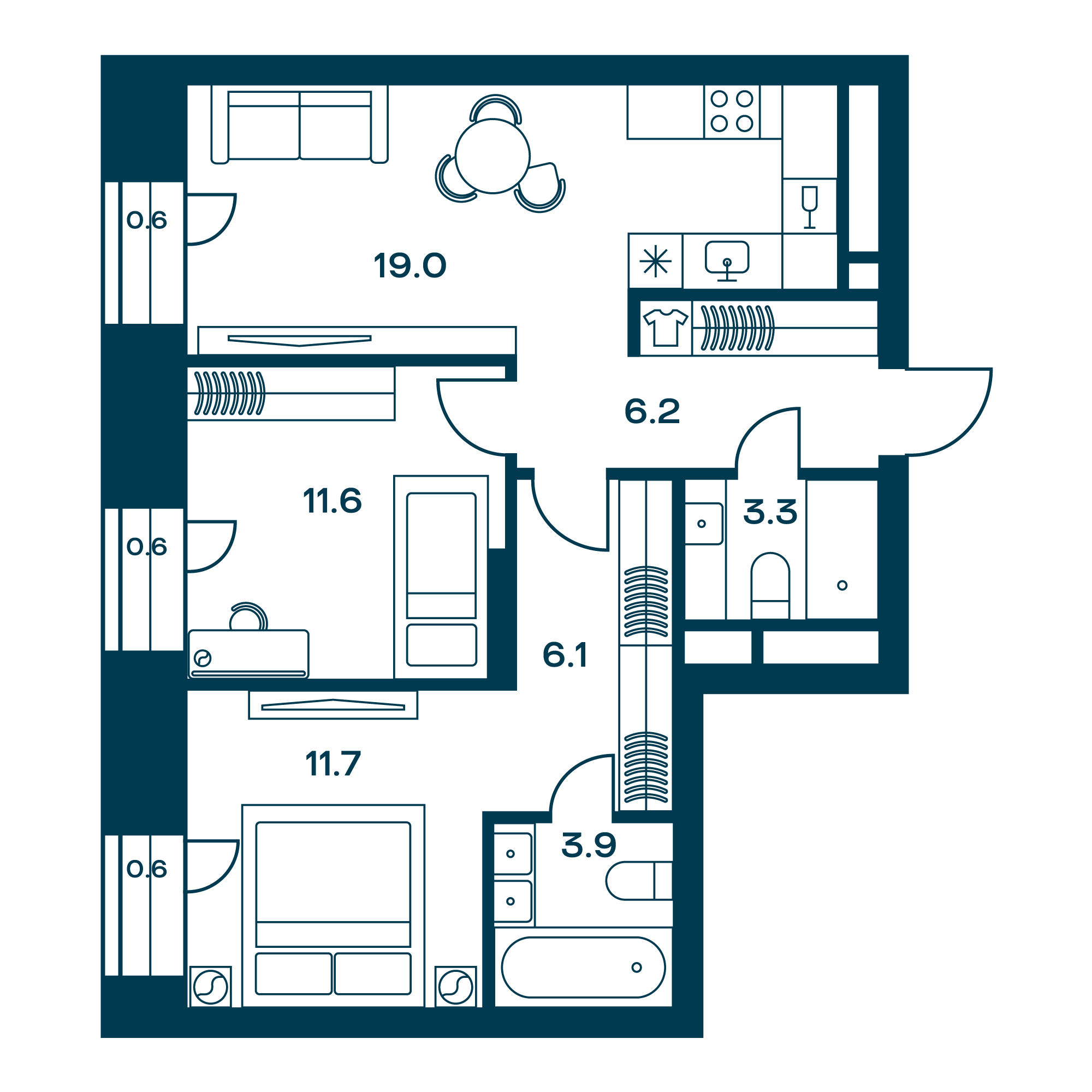 2 комн. квартира, 62.4 м², 15 этаж 