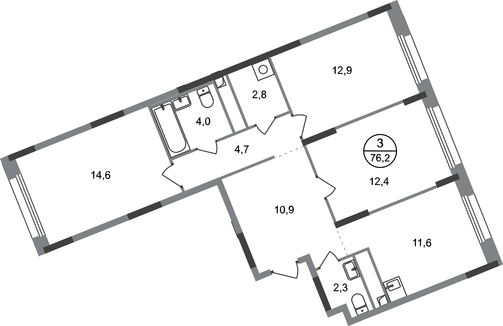 3 комн. квартира, 76.2 м², 3 этаж  (из 17)