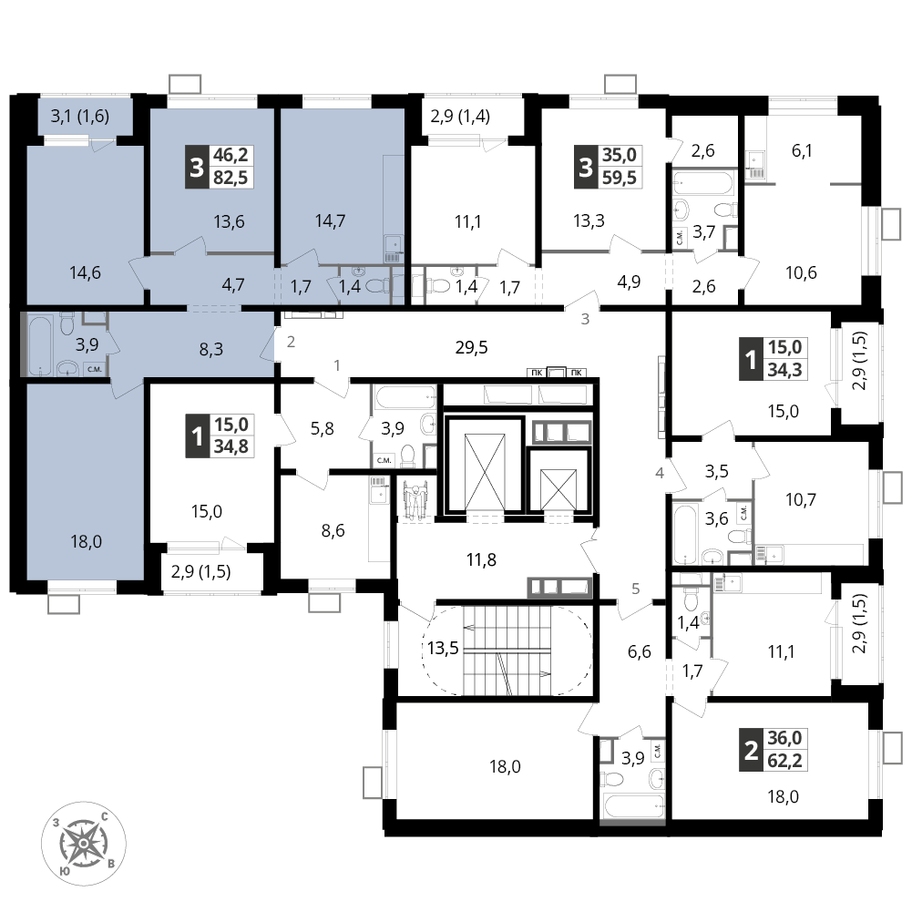 3 комн. квартира, 82.5 м², 15 этаж 