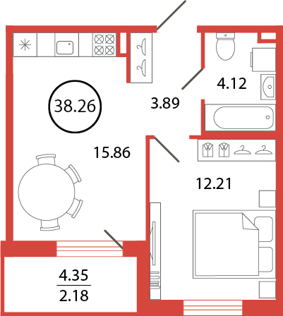 1 комн. квартира, 38.3 м², 10 этаж 