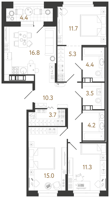 3 комн. квартира, 86.2 м², 5 этаж 