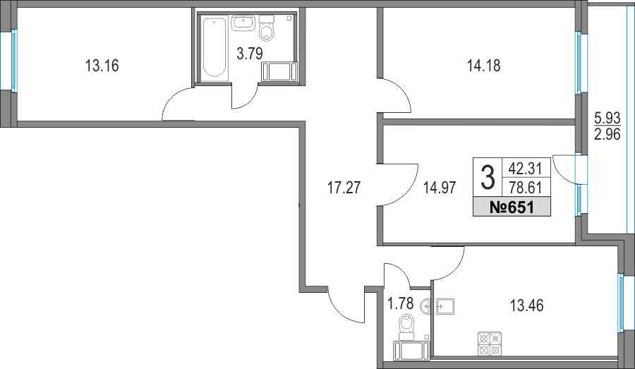 3 комн. квартира, 78.6 м², 19 этаж 
