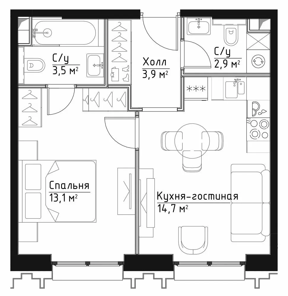1 комн. квартира, 38.1 м², 30 этаж 