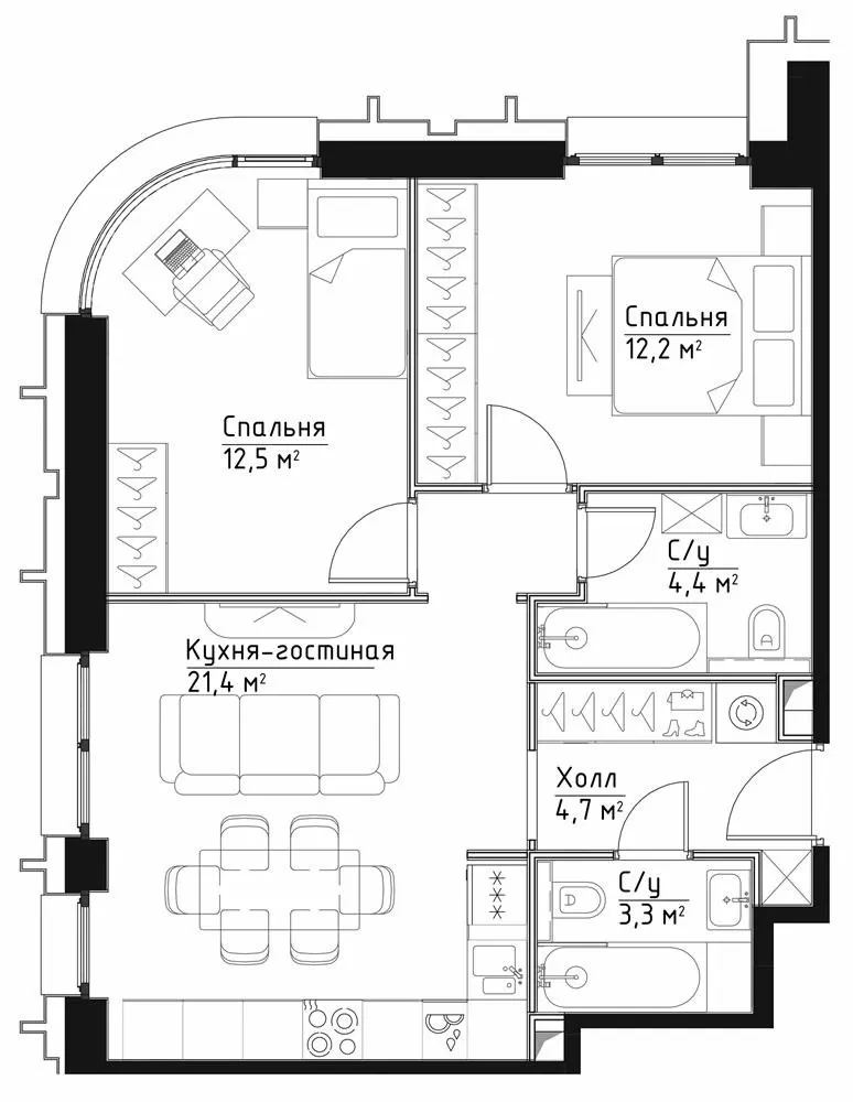 2 комн. квартира, 58.5 м², 11 этаж 