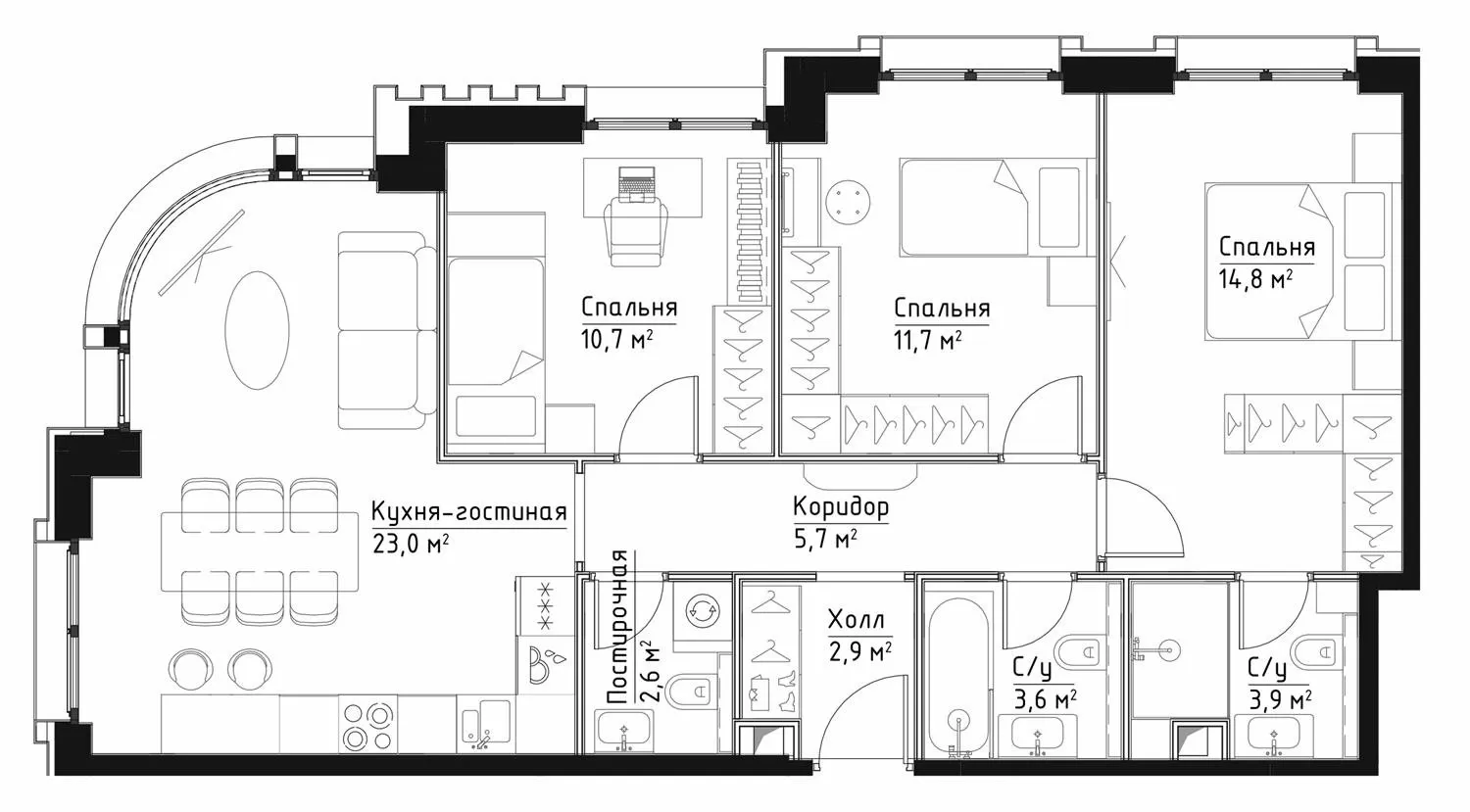 3 комн. квартира, 78.9 м², 17 этаж 