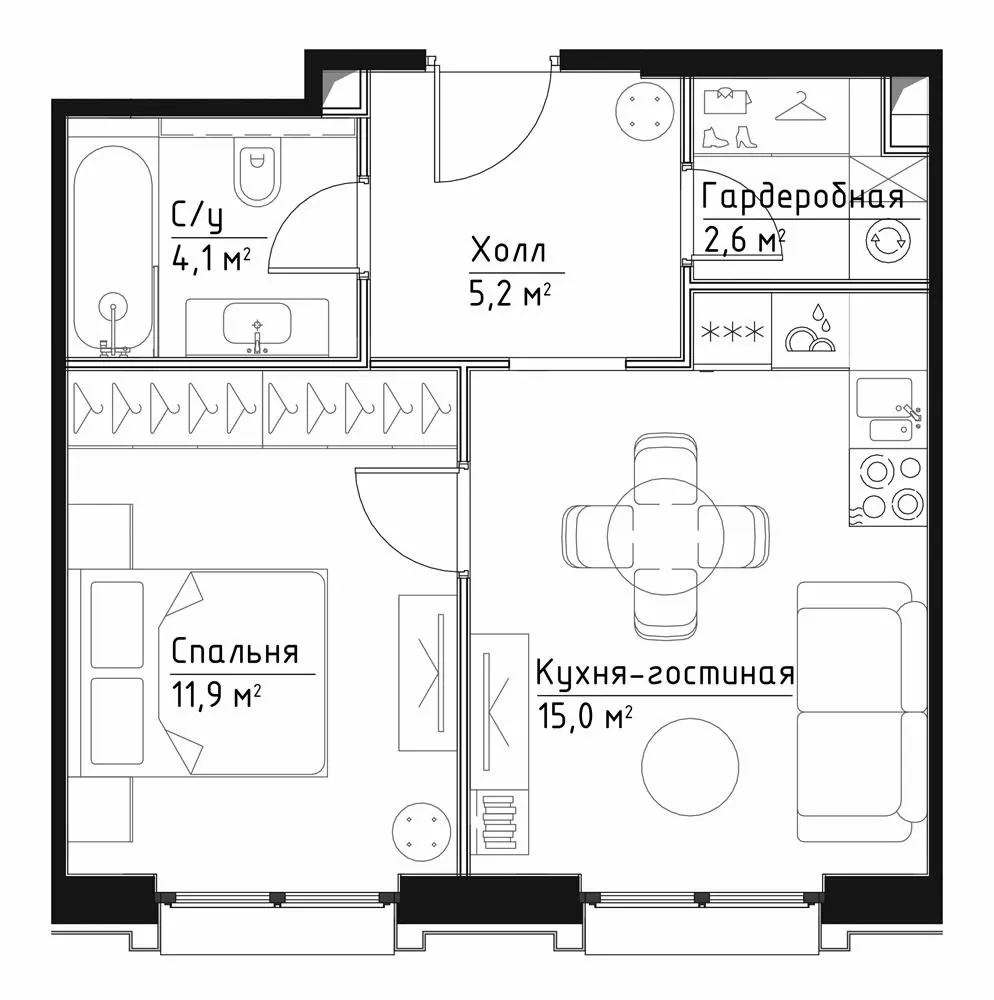 1 комн. квартира, 38.8 м², 12 этаж 