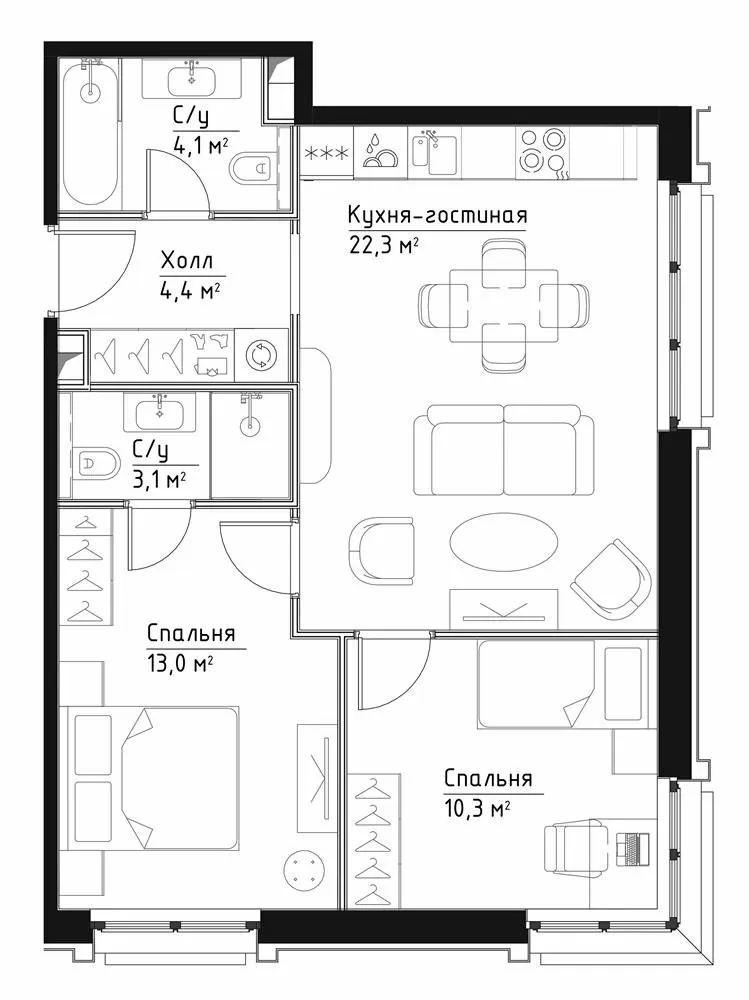 2 комн. квартира, 57.2 м², 14 этаж 