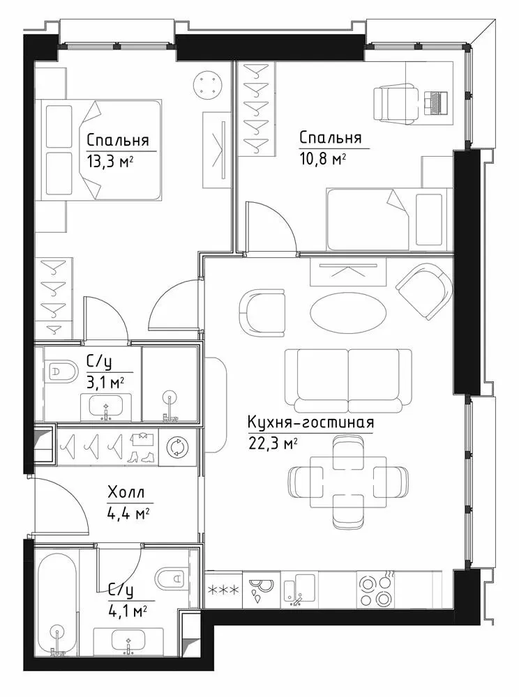 2 комн. квартира, 58 м², 4 этаж 