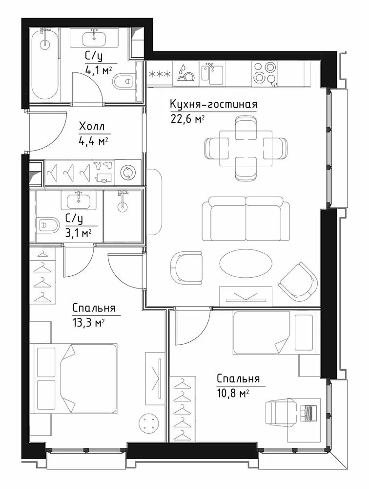 2 комн. квартира, 58.3 м², 9 этаж 
