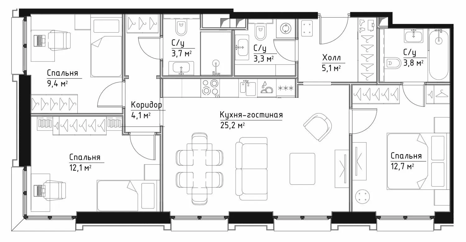 3 комн. квартира, 79.4 м², 9 этаж 