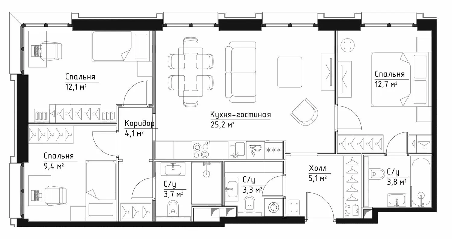 3 комн. квартира, 79.4 м², 12 этаж 