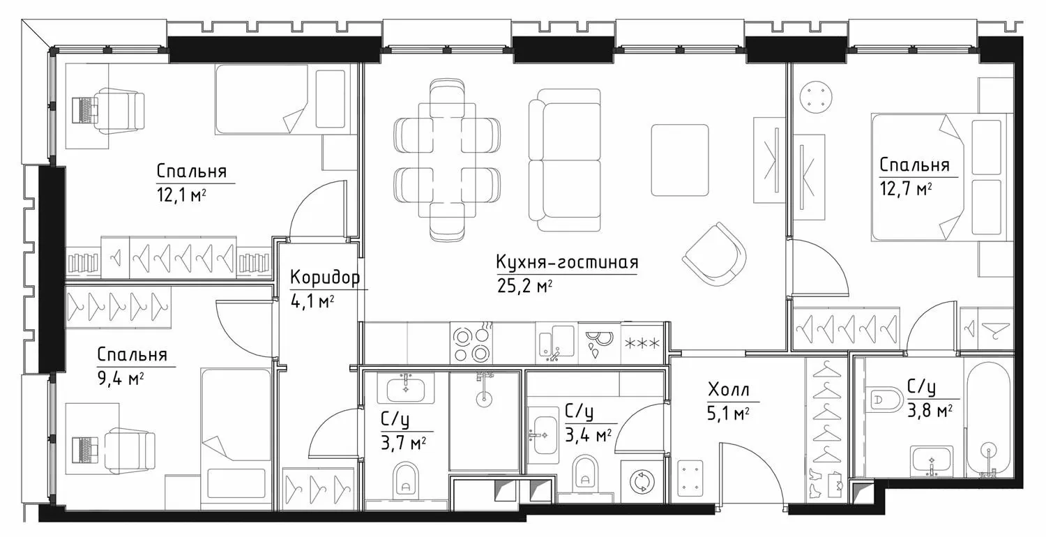 3 комн. квартира, 79.5 м², 23 этаж 