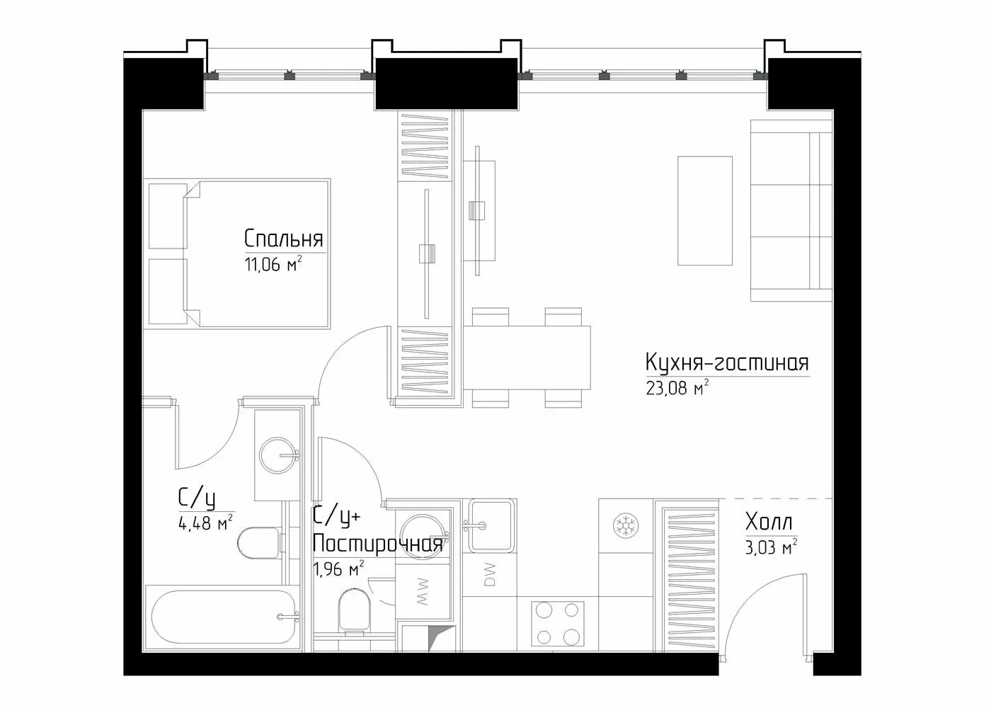 1 комн. квартира, 44 м², 2 этаж 