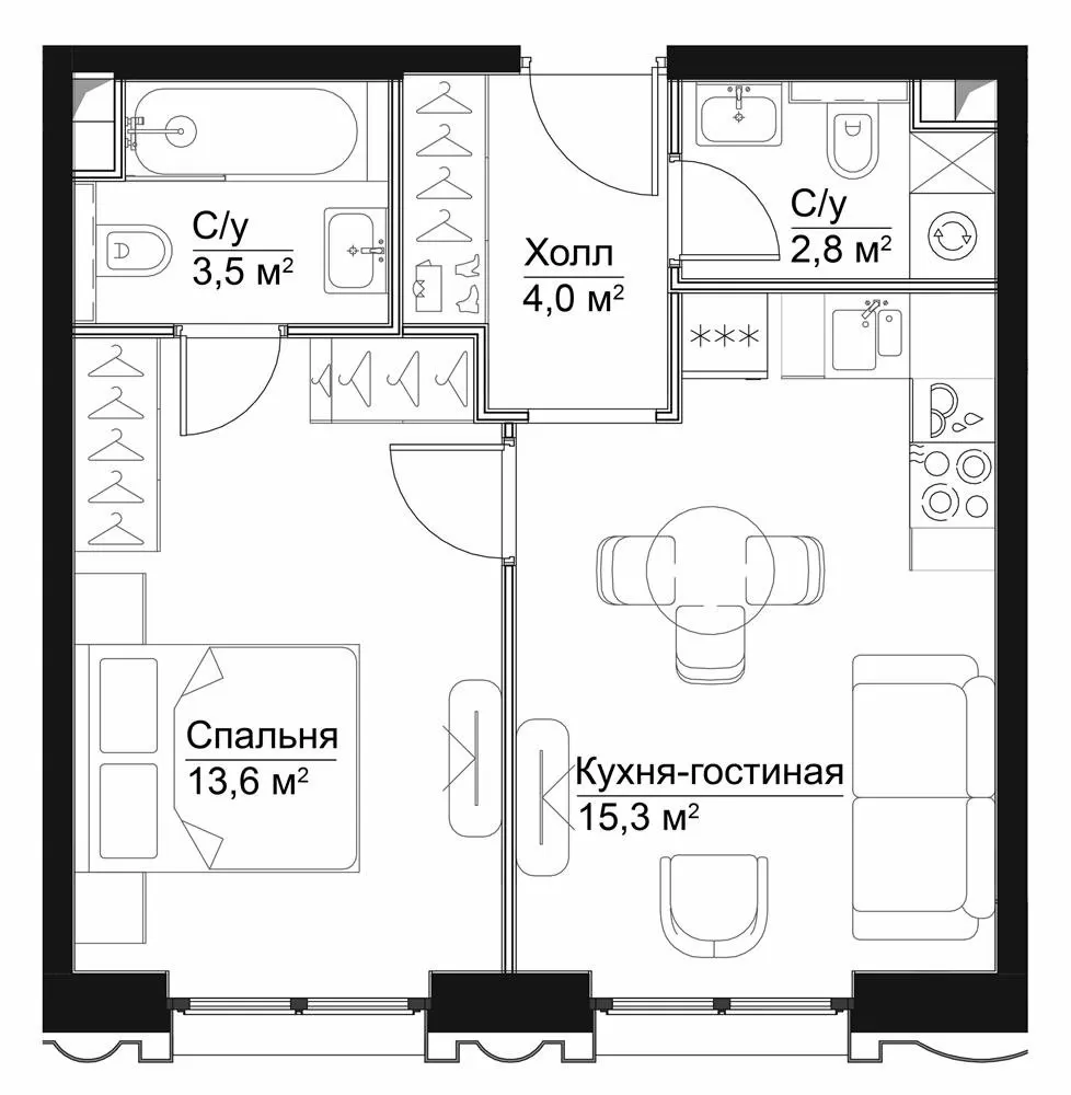 1 комн. квартира, 39.2 м², 27 этаж 