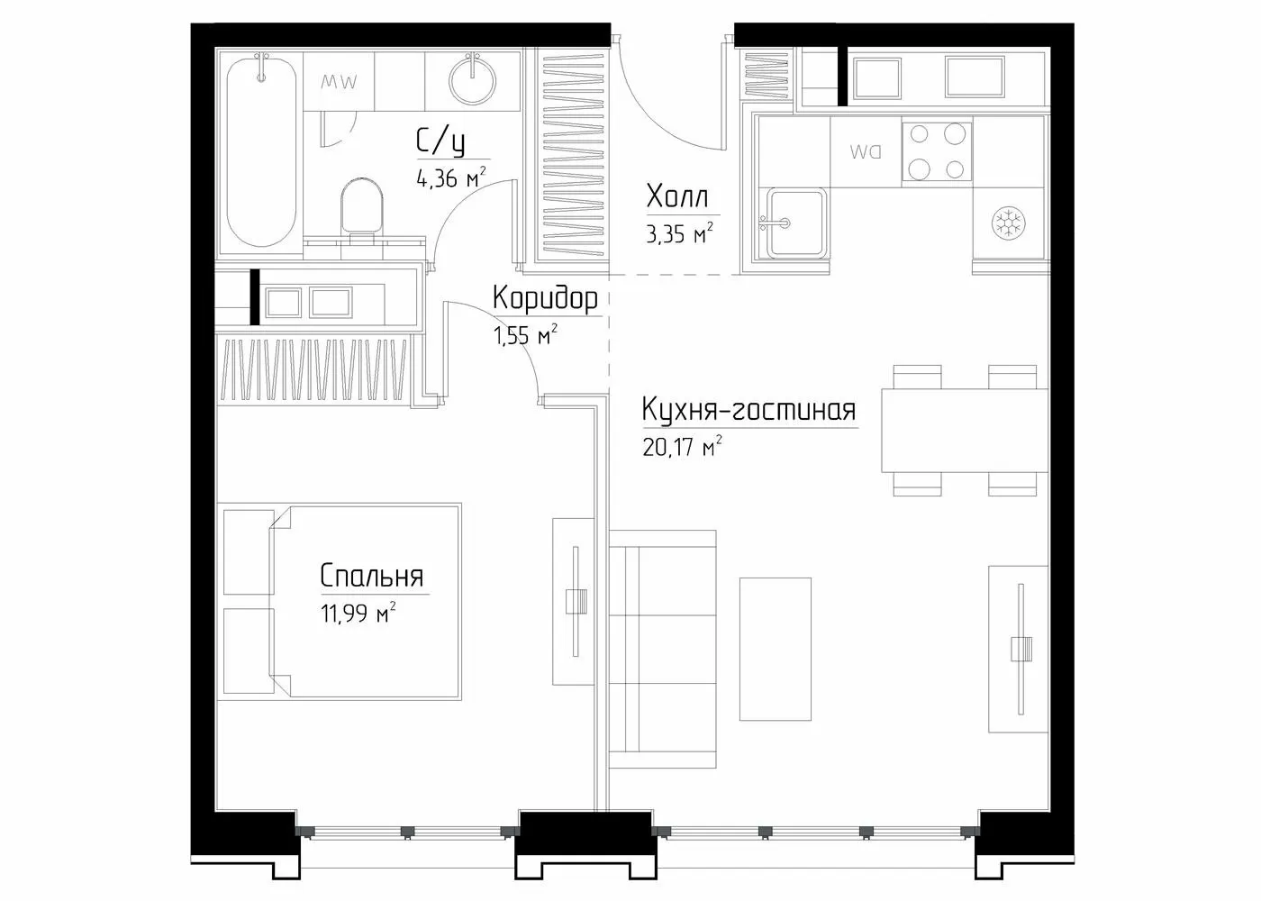 1 комн. квартира, 41.5 м², 28 этаж 