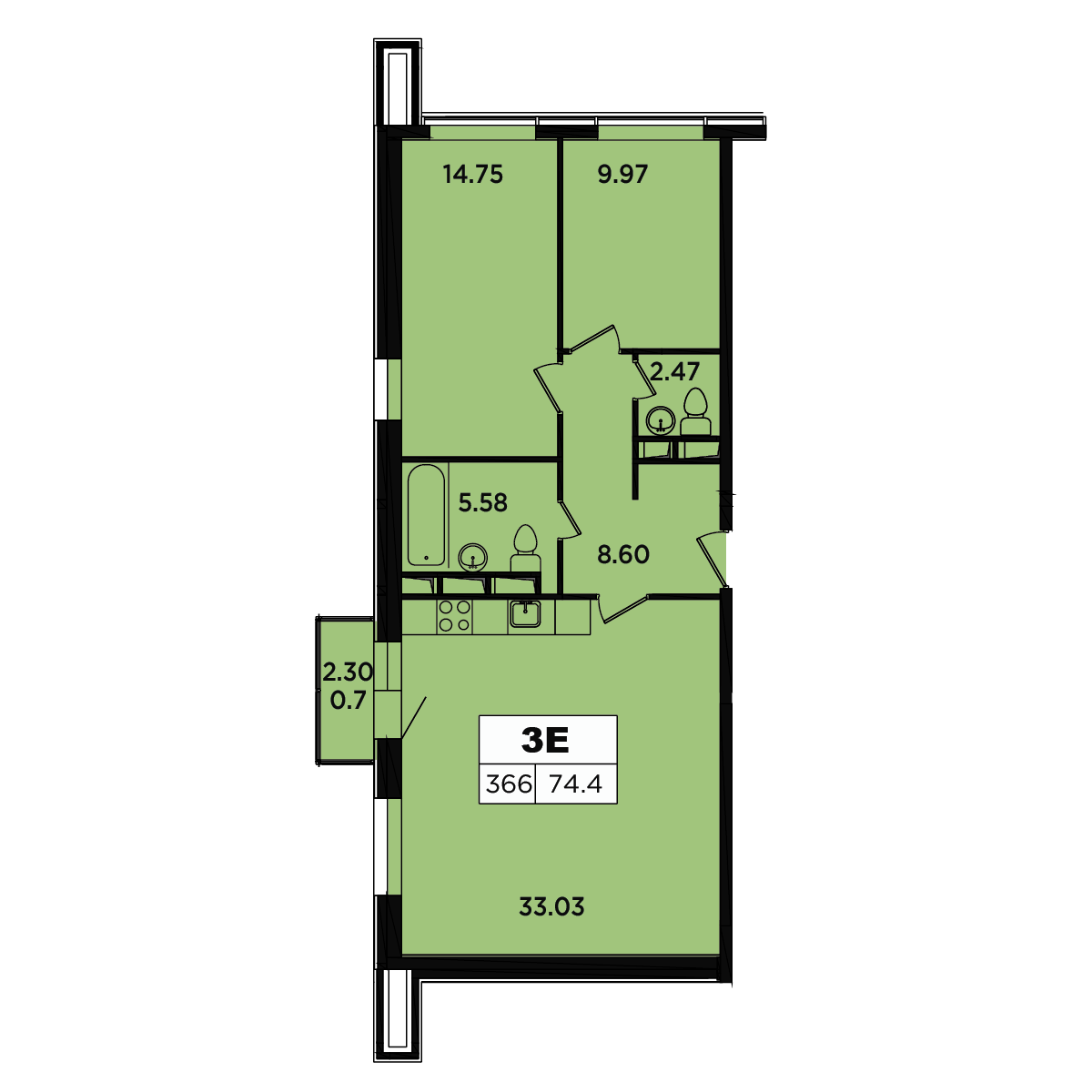 3 комн. квартира, 72.9 м², 16 этаж 