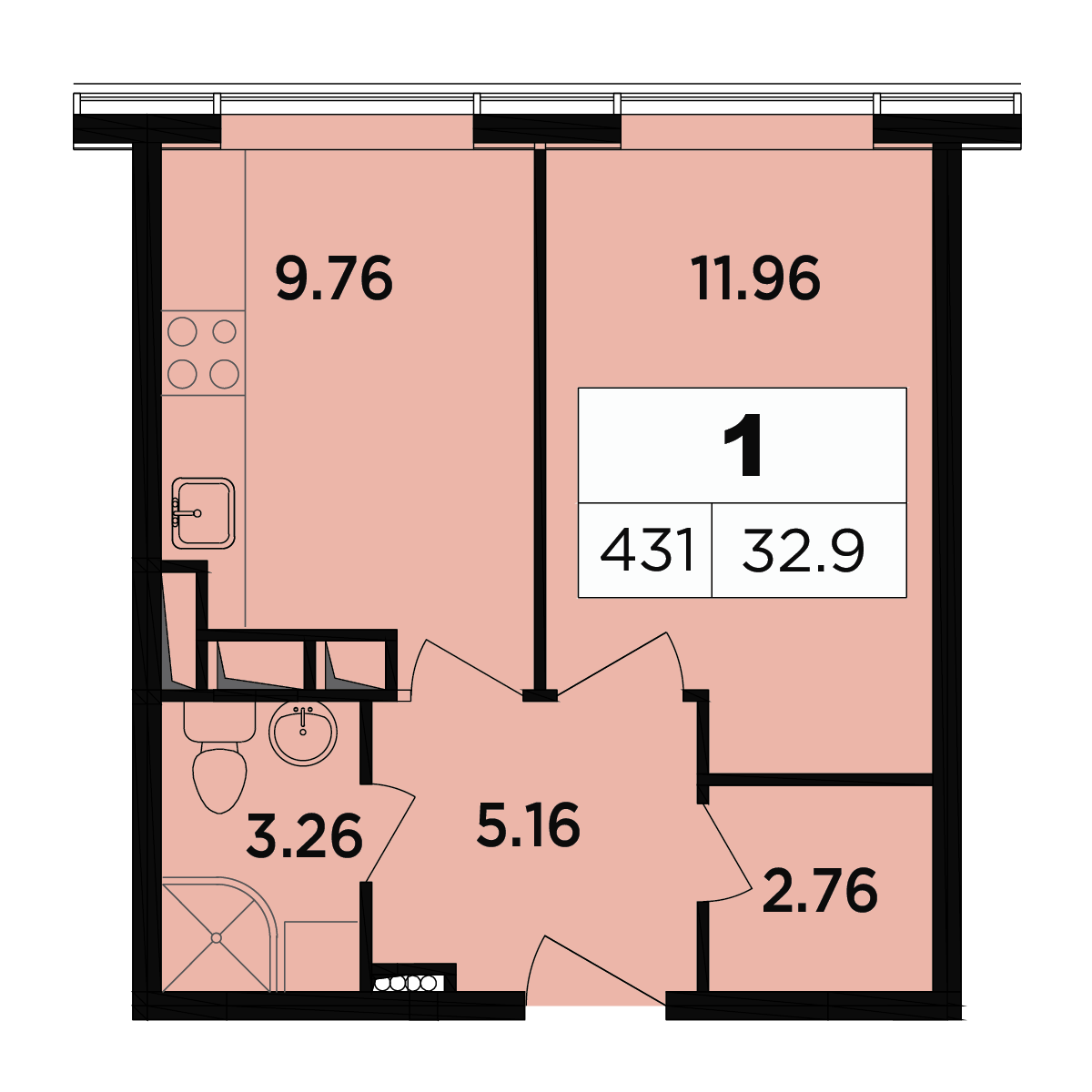 1 комн. квартира, 32.6 м², 17 этаж 