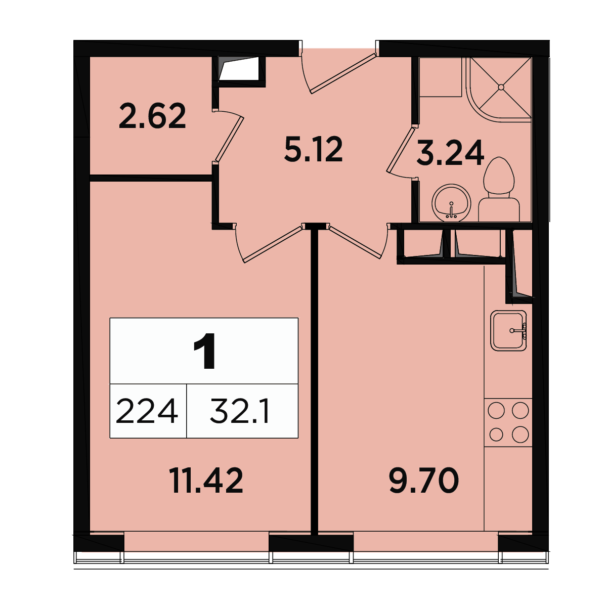 1 комн. квартира, 31.1 м², 16 этаж 