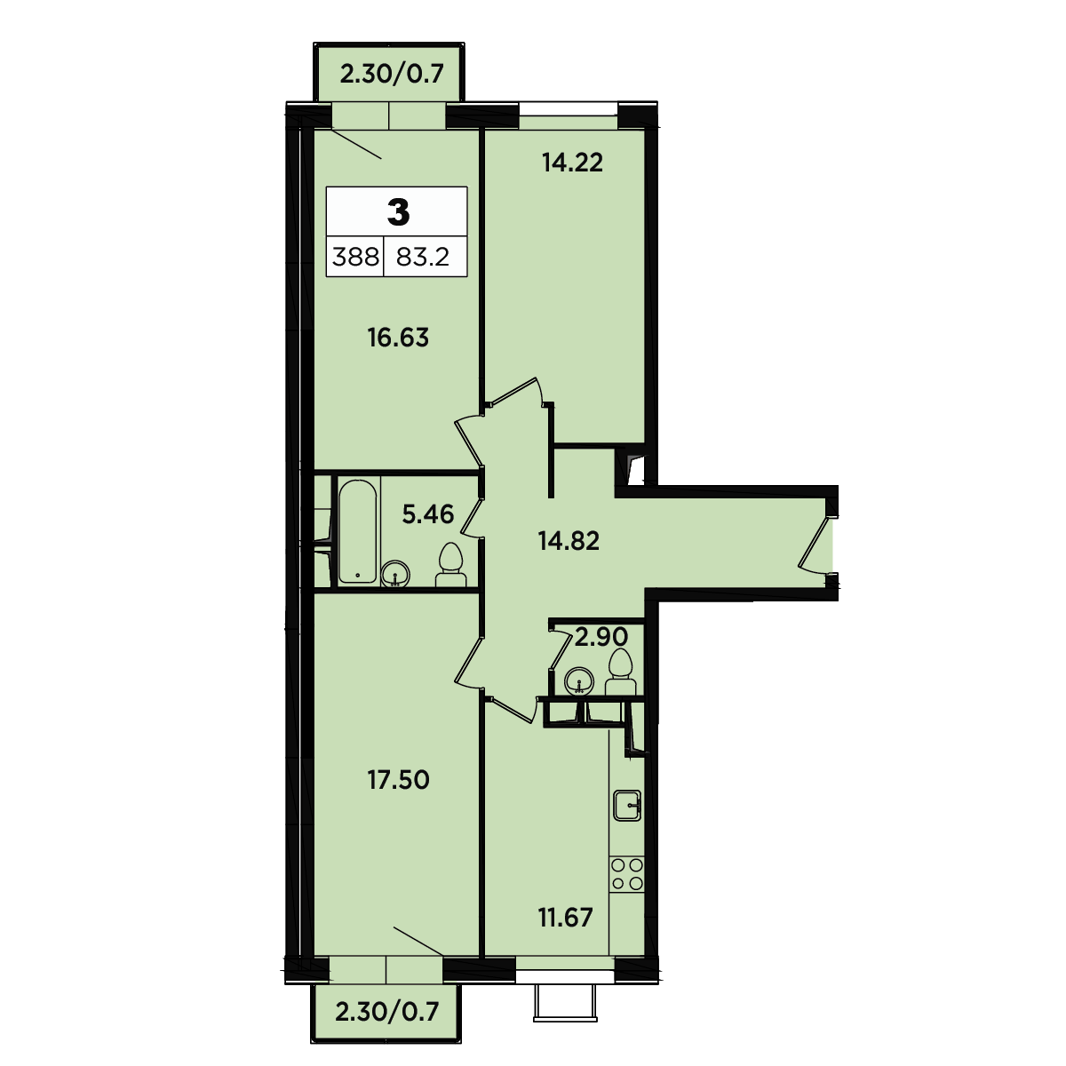 3 комн. квартира, 75.4 м², 12 этаж 