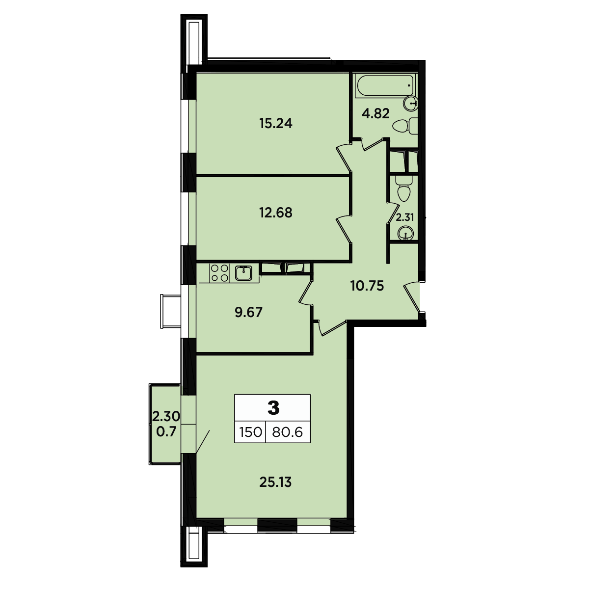 3 комн. квартира, 77.1 м², 11 этаж 