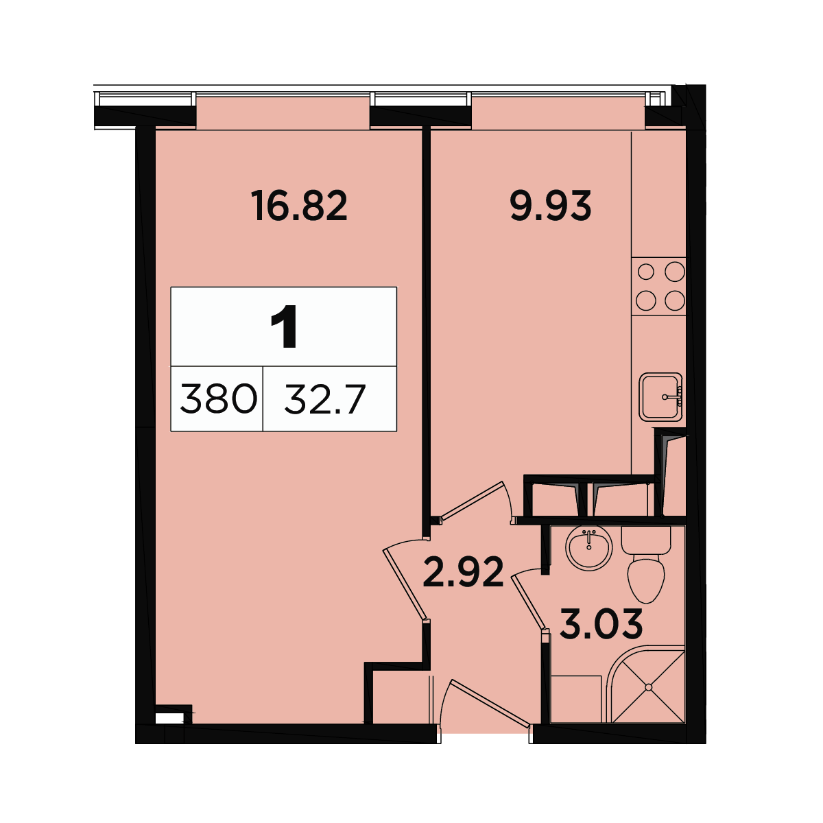 1 комн. квартира, 31.9 м², 16 этаж 